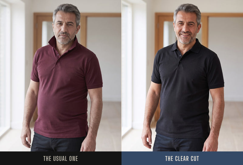 The same man in a regular polo and in the Clear Cut Polo