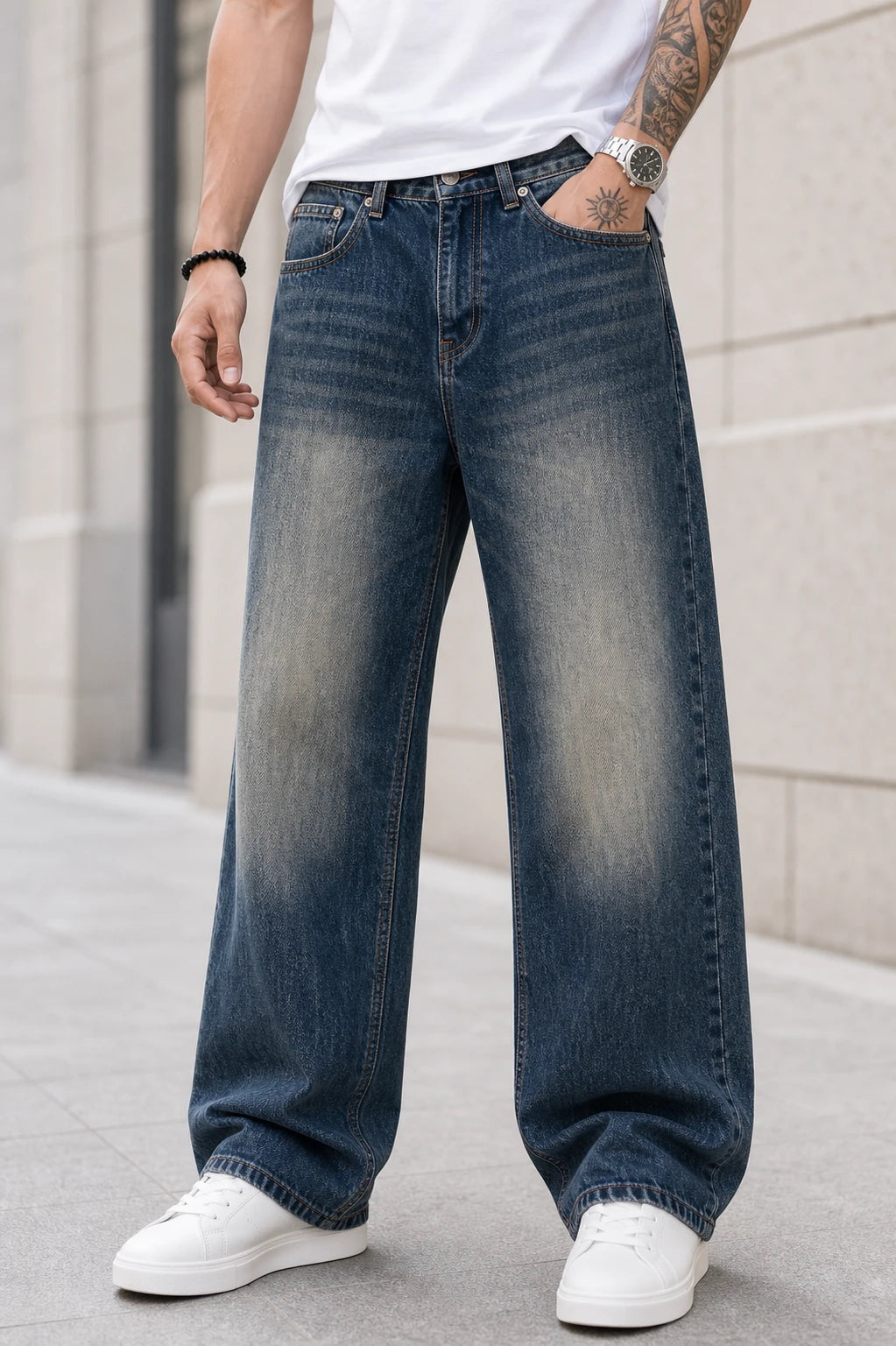 SQUALO BAGGY DENIM 116 front view worn by model