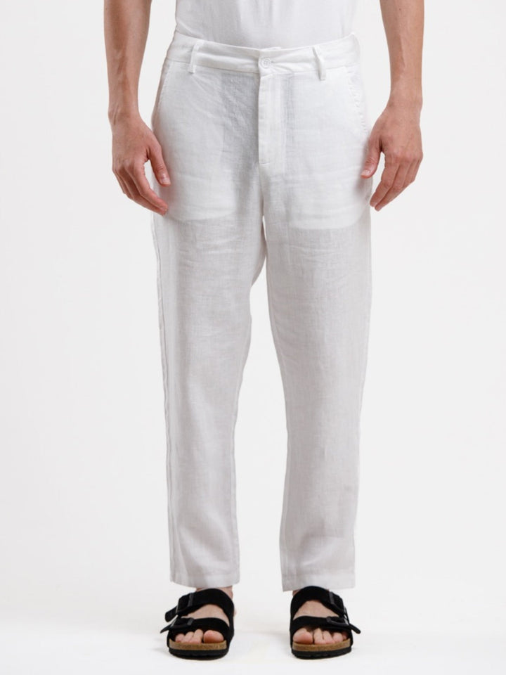 100% Linen Regular Fit Trousers - White