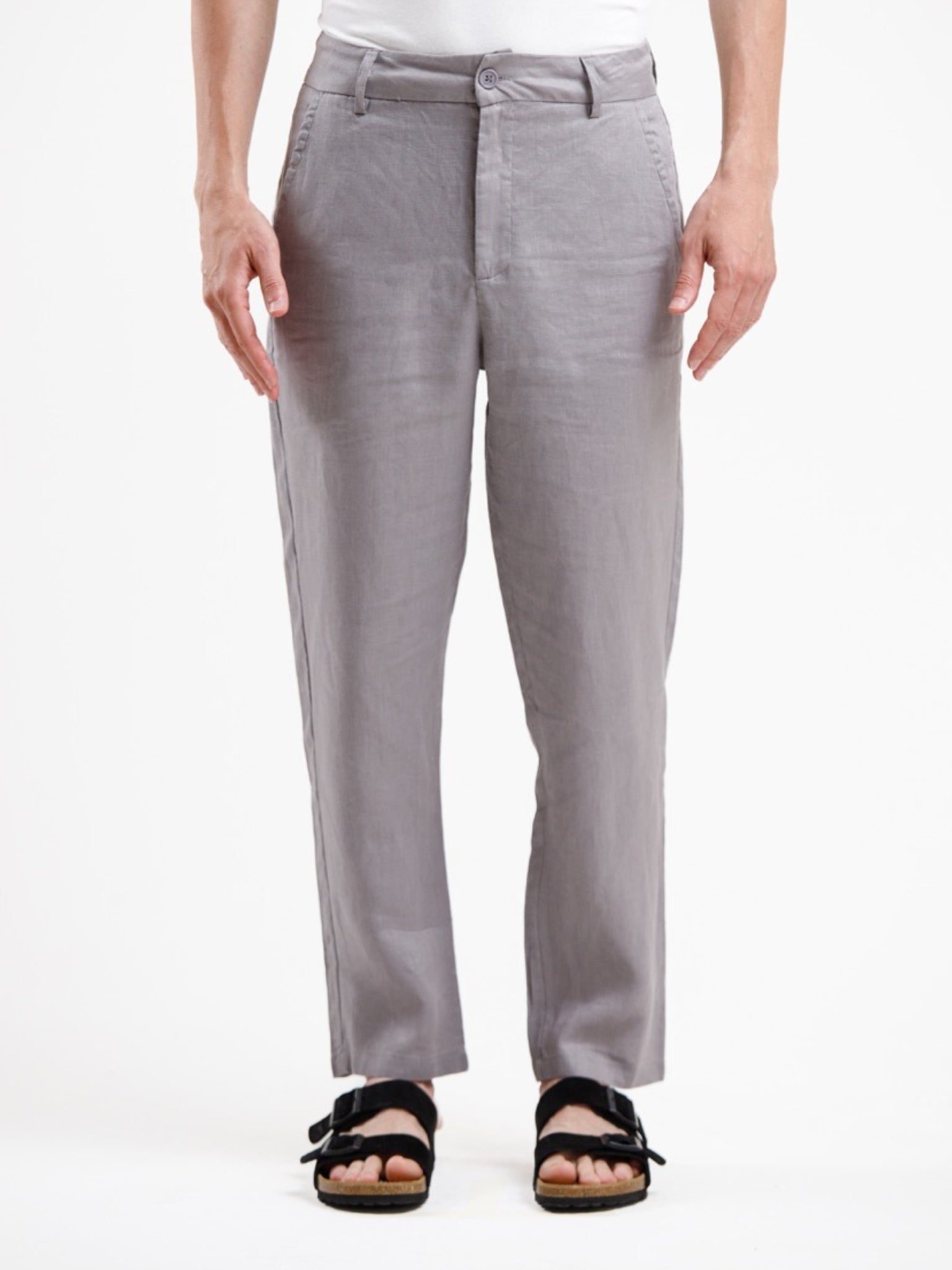100% Linen Regular Fit Trousers - Grey