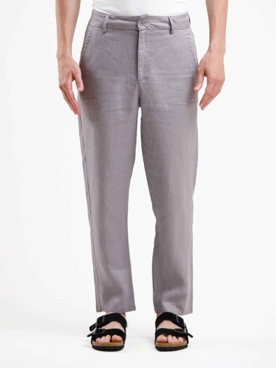 100% Linen Regular Fit Trousers - Grey