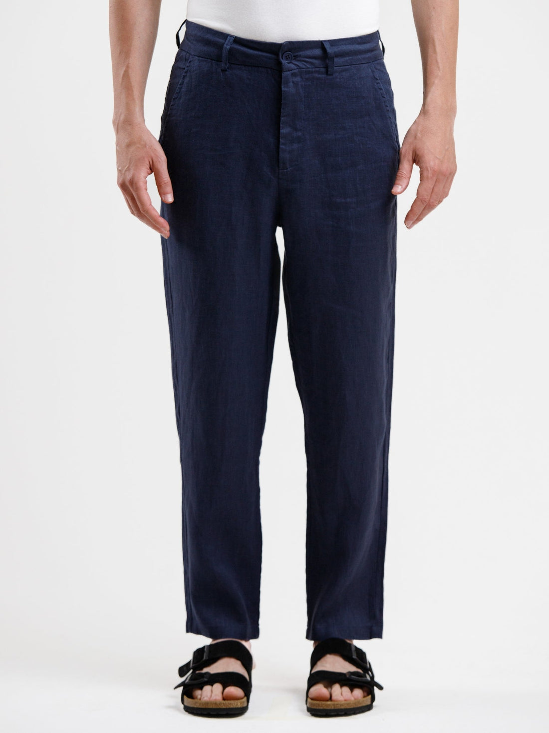 100% Linen Regular Fit Trousers - Navy Blue