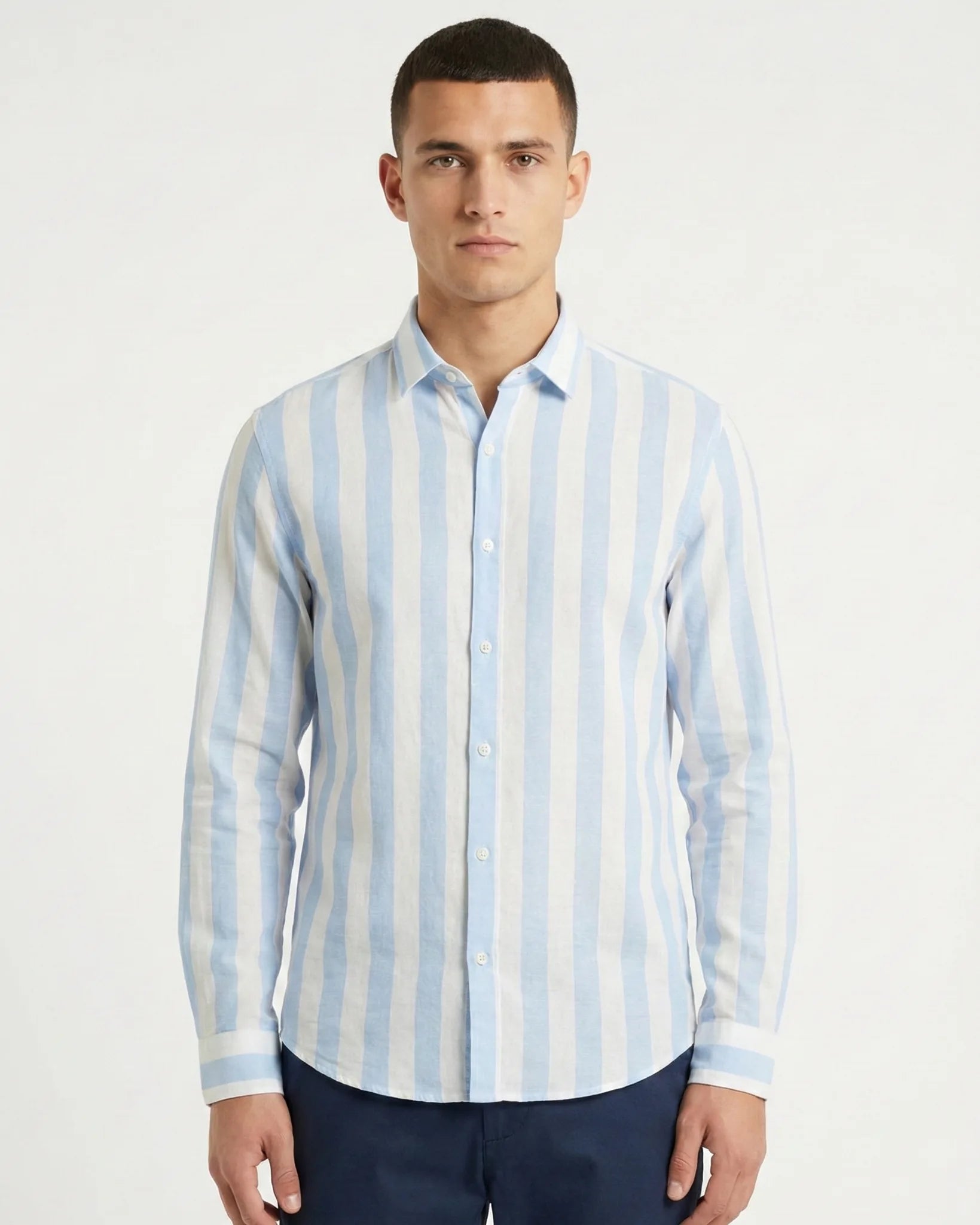 Striped Linen Blend Long Sleeve Shirt