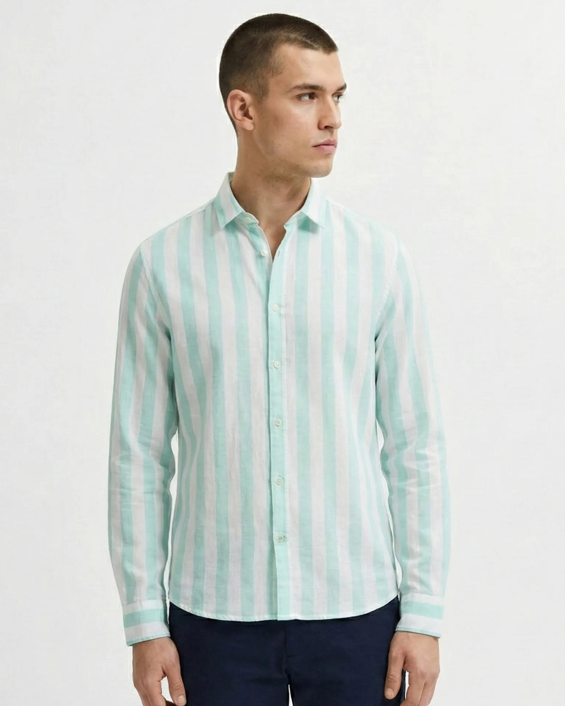 Striped Linen Blend Long Sleeve Shirt