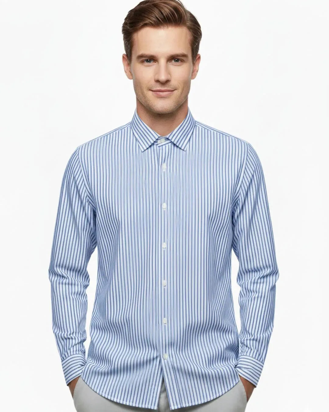 Formal Striped Cotton Blend Long Sleeve Shirt