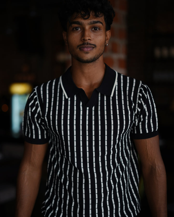 SQUALO STRIPED KNIT POLO TEES BLACK