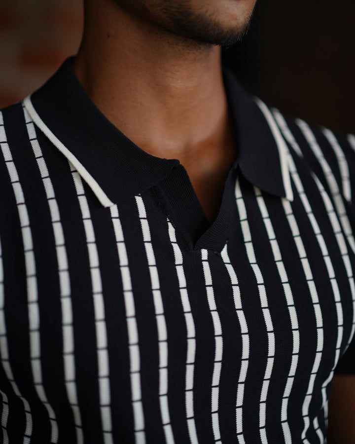 SQUALO STRIPED KNIT POLO TEES BLACK