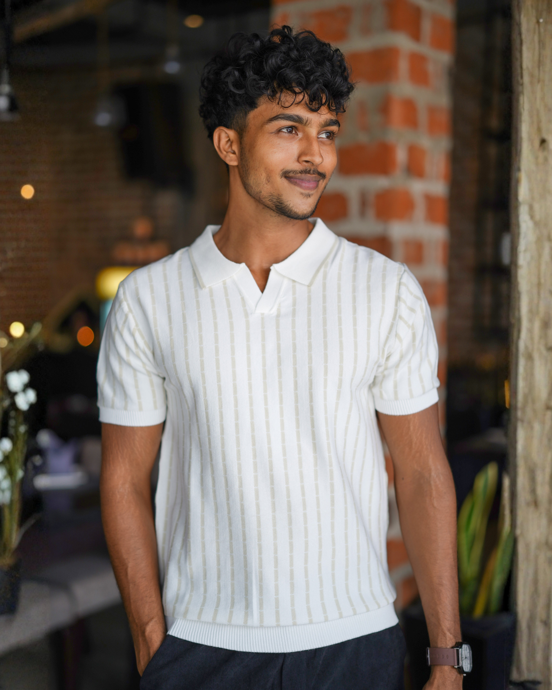 SQUALO STRIPED KNIT POLO TEES WHITE