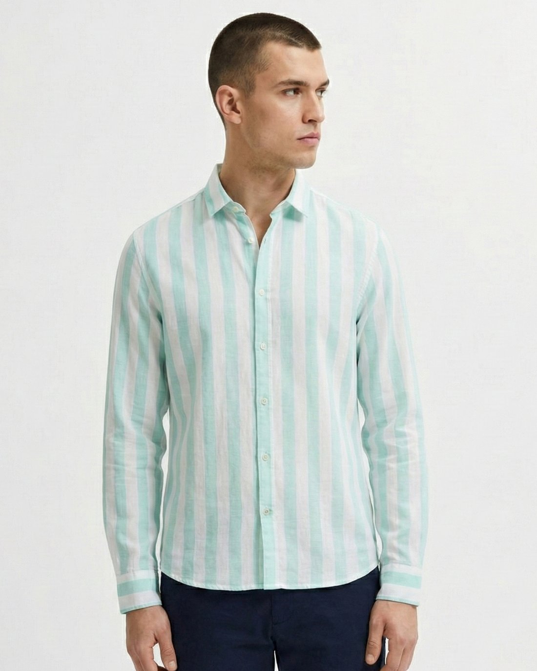 STRIPED LINEN BLEND LONG SLEEVE SHIRT