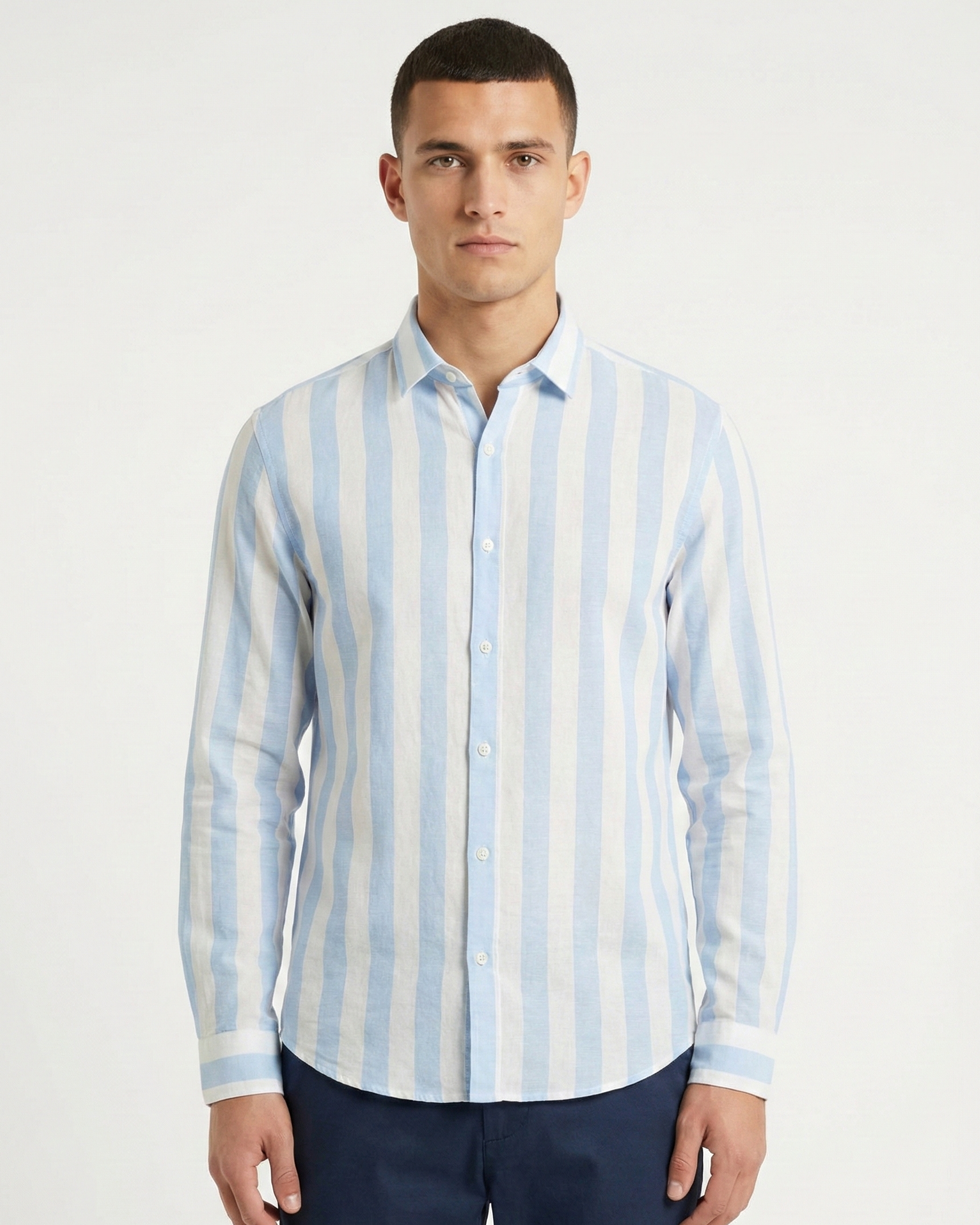 STRIPED LINEN BLEND LONG SLEEVE SHIRT