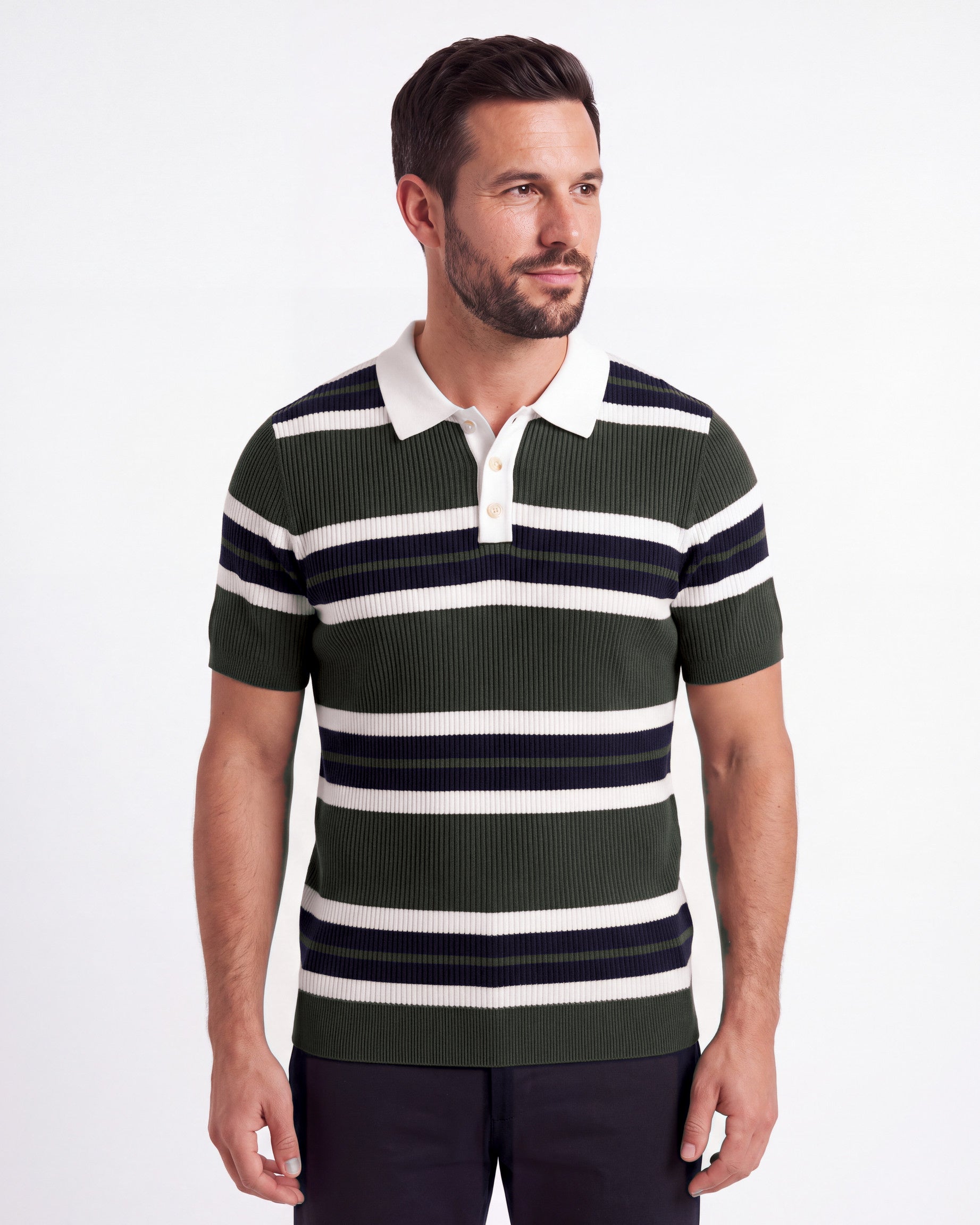 Button-Collar Striped Knit Polo