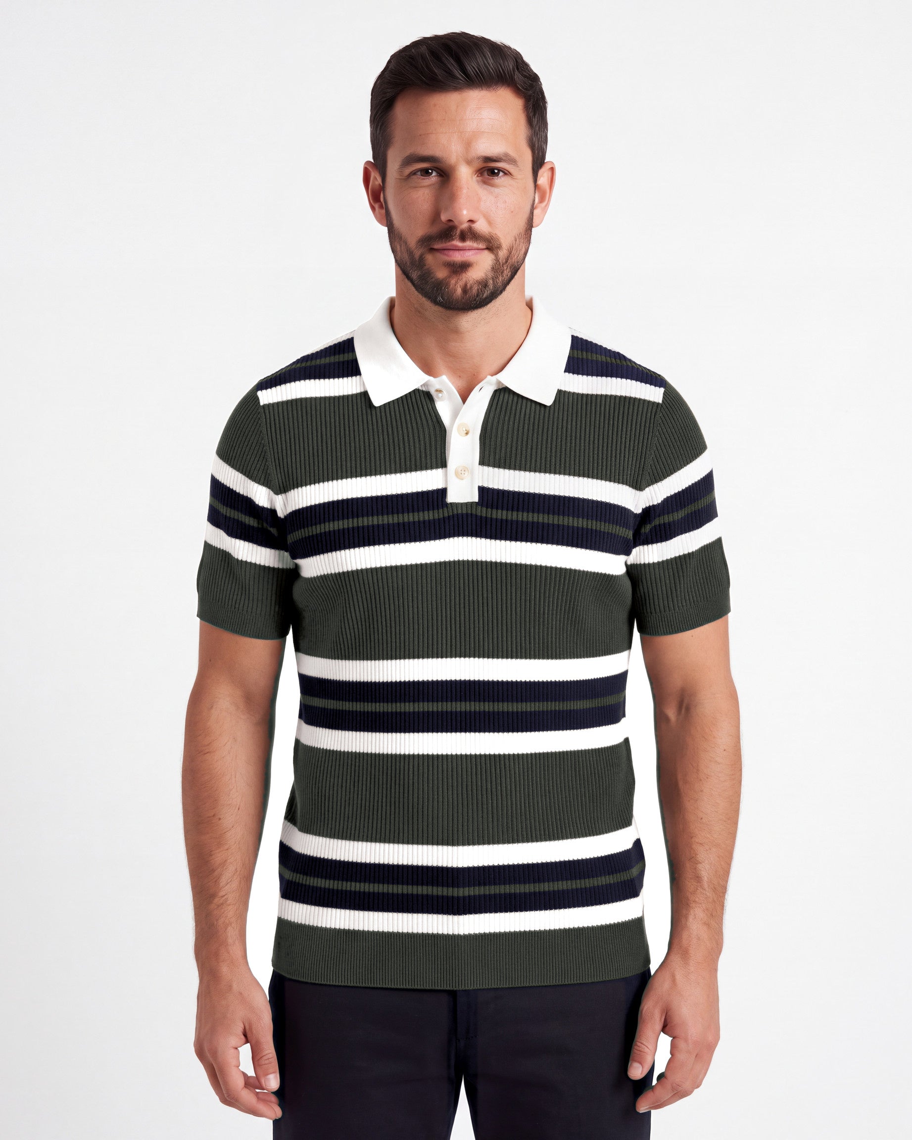 Button-Collar Striped Knit Polo