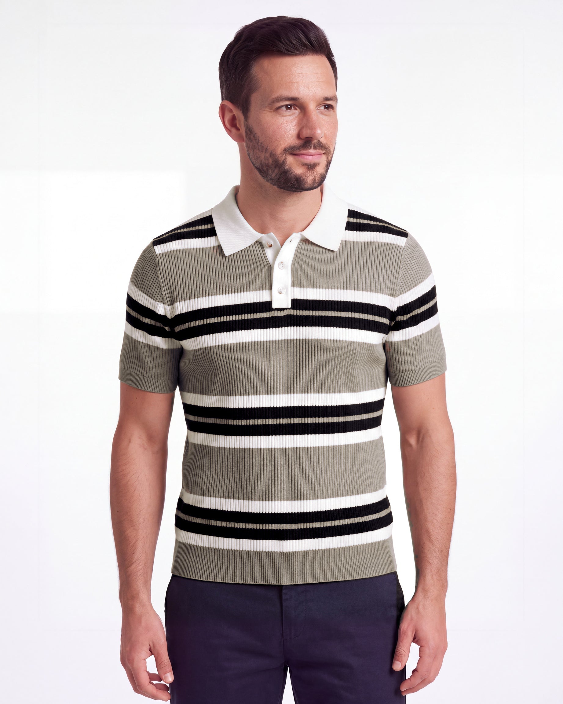Button-Collar Striped Knit Polo