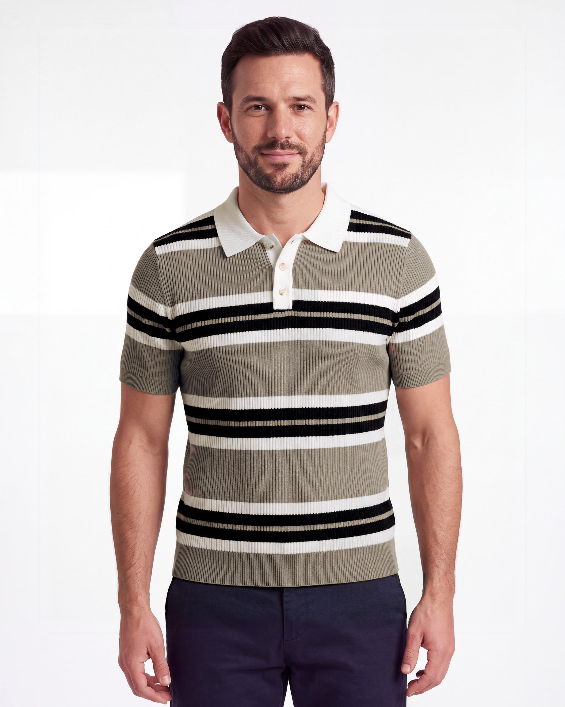 Button-Collar Striped Knit Polo