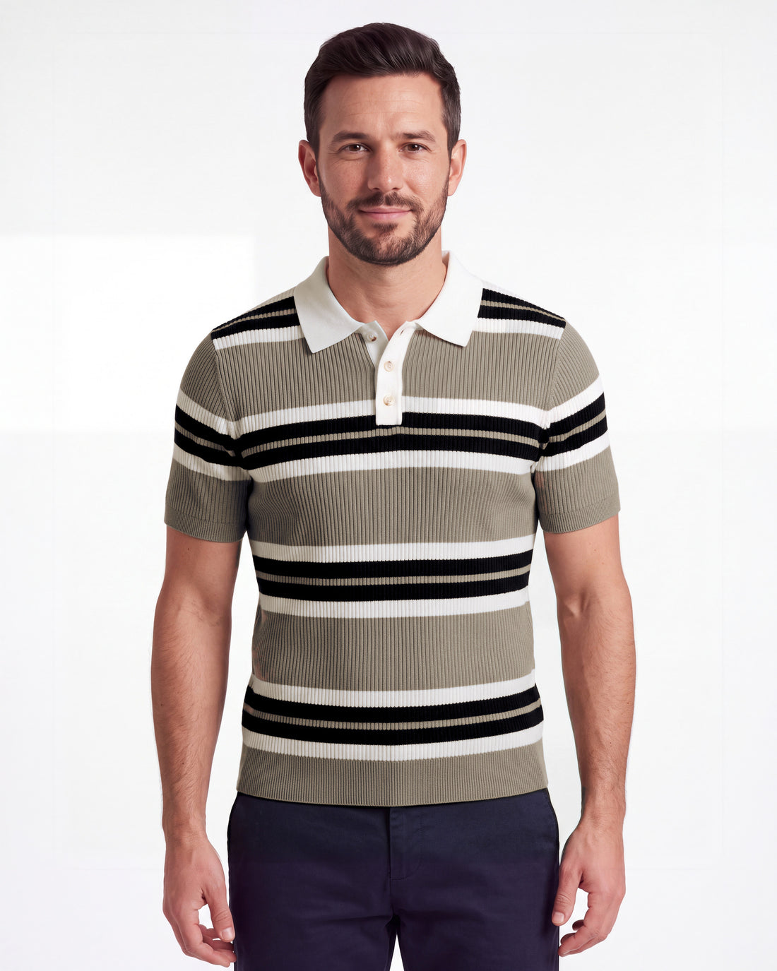 Button-Collar Striped Knit Polo
