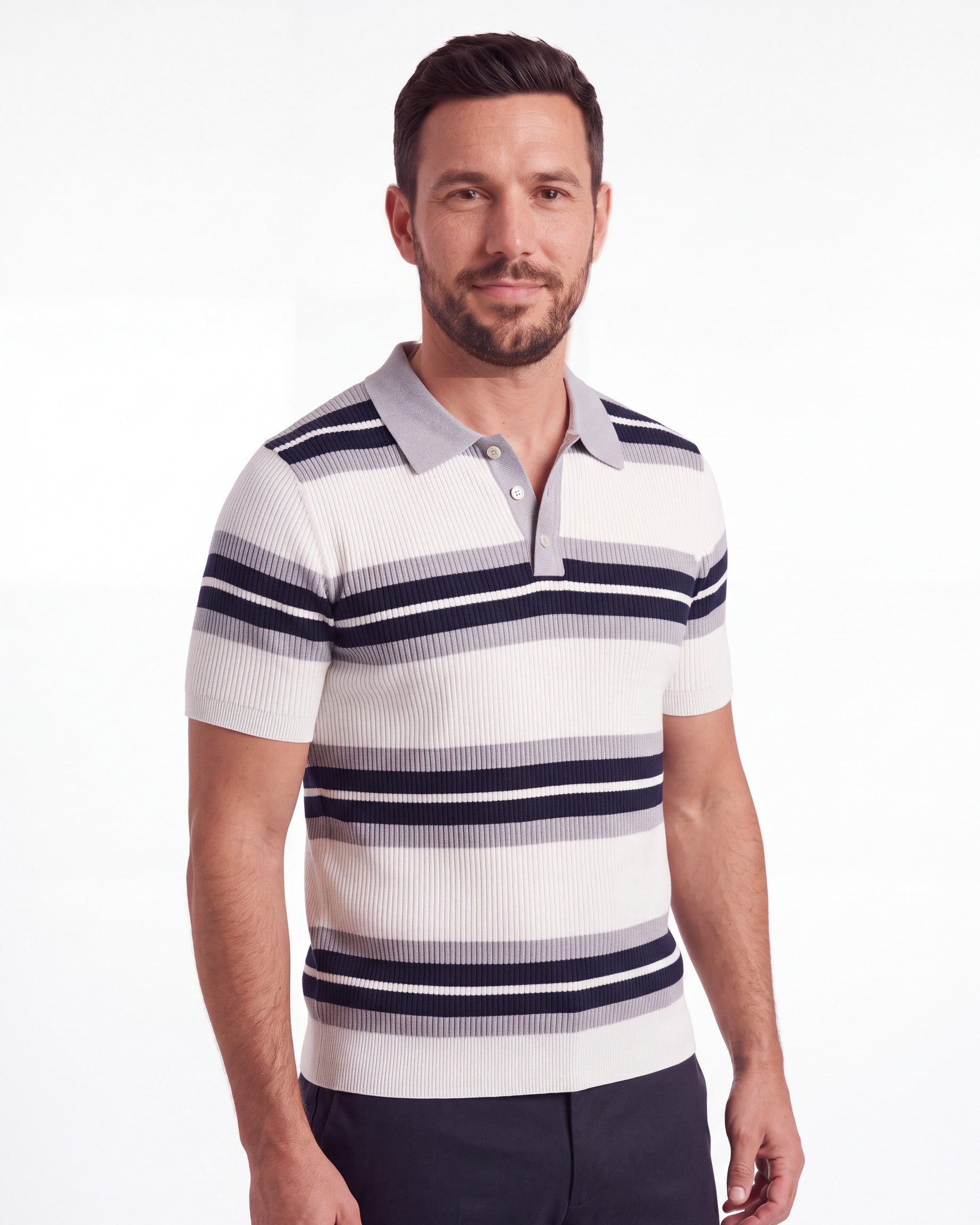 Button-Collar Striped Knit Polo