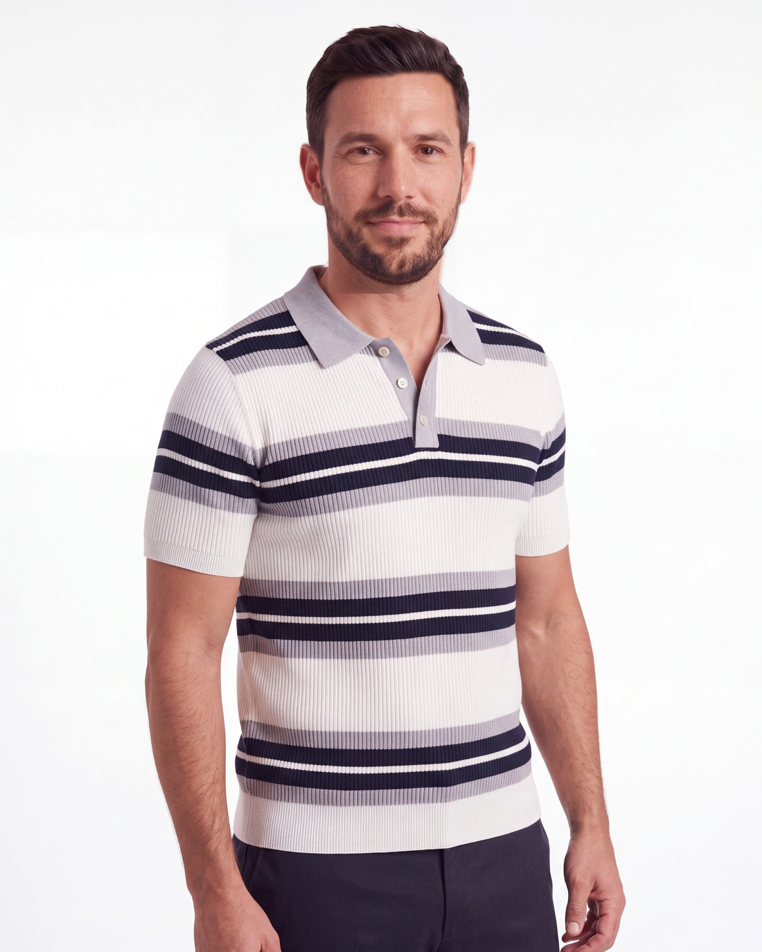 Button-Collar Striped Knit Polo
