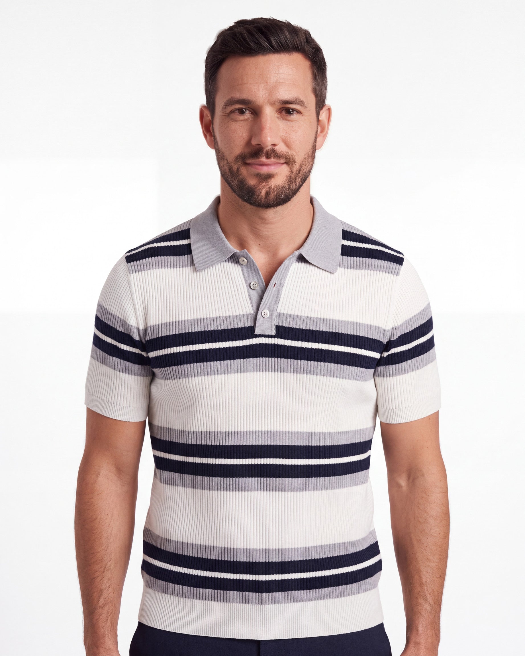 Button-Collar Striped Knit Polo