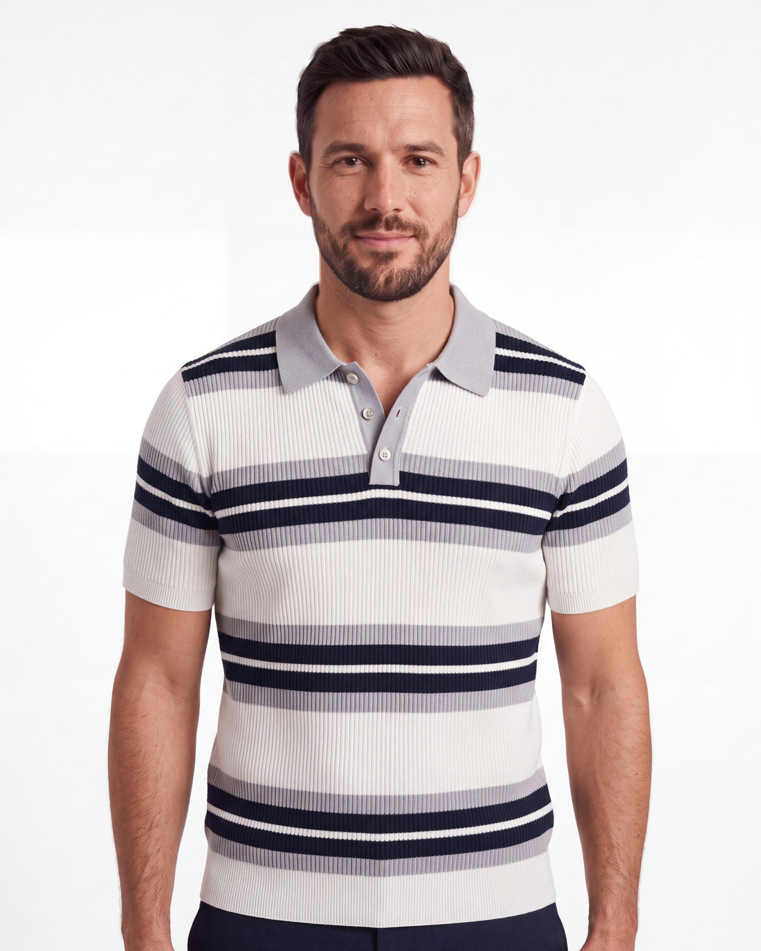 Button-Collar Striped Knit Polo