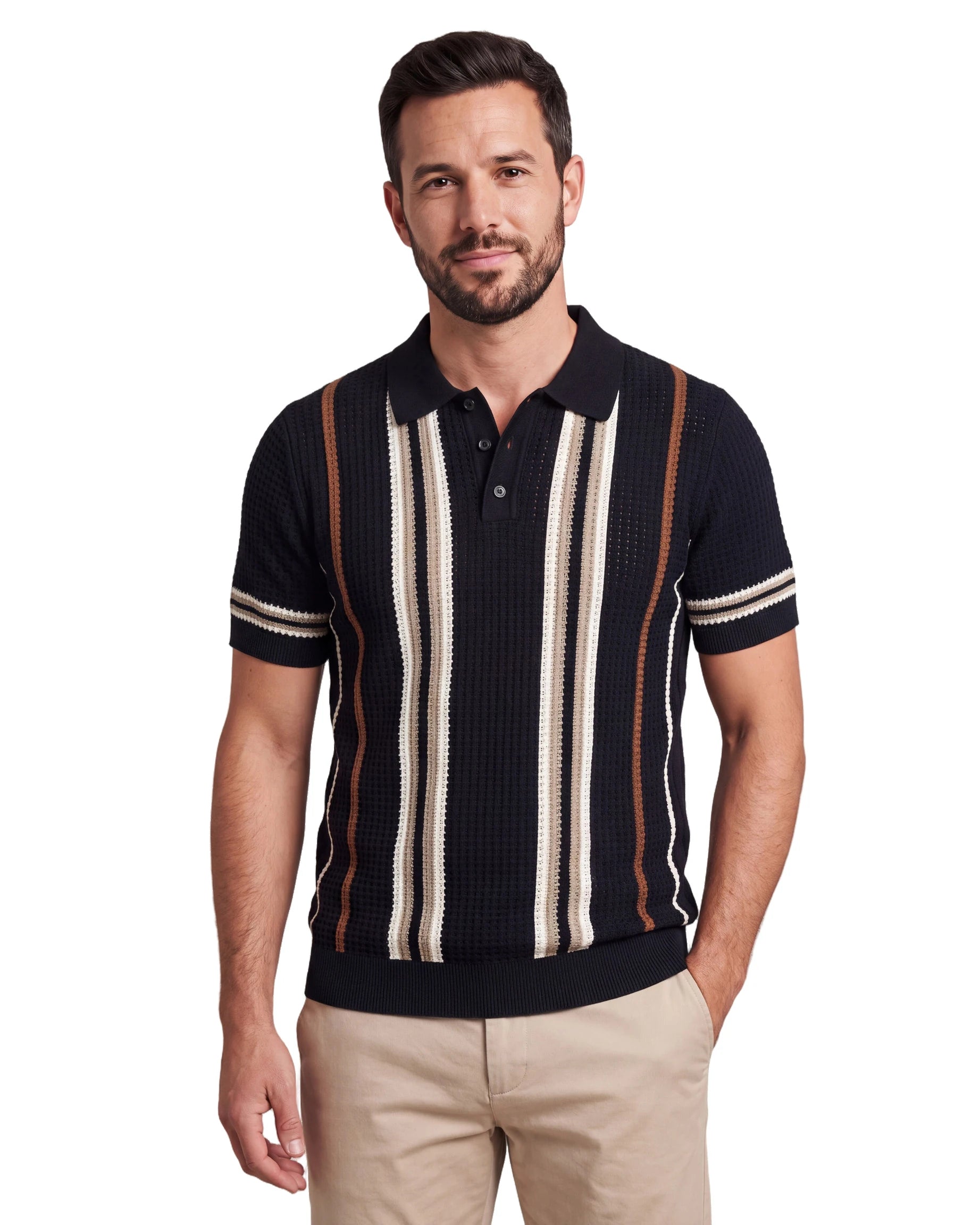 A9276 Knitted Stripe Polo - Black, angled