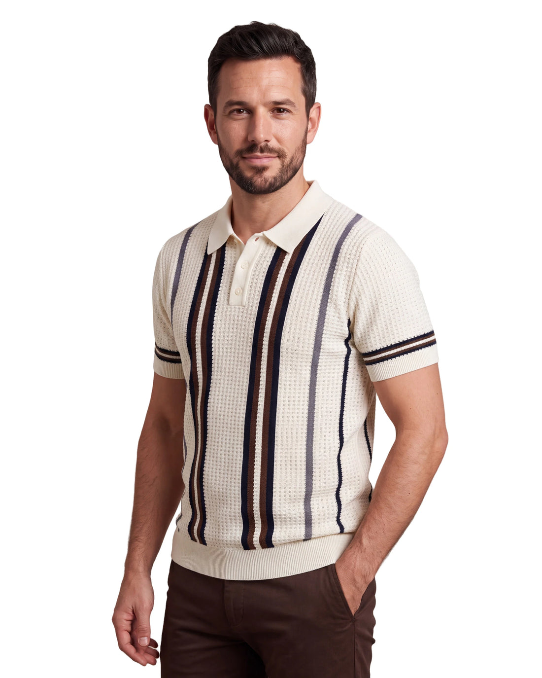 A9276 Knitted Stripe Polo - Brown, angled