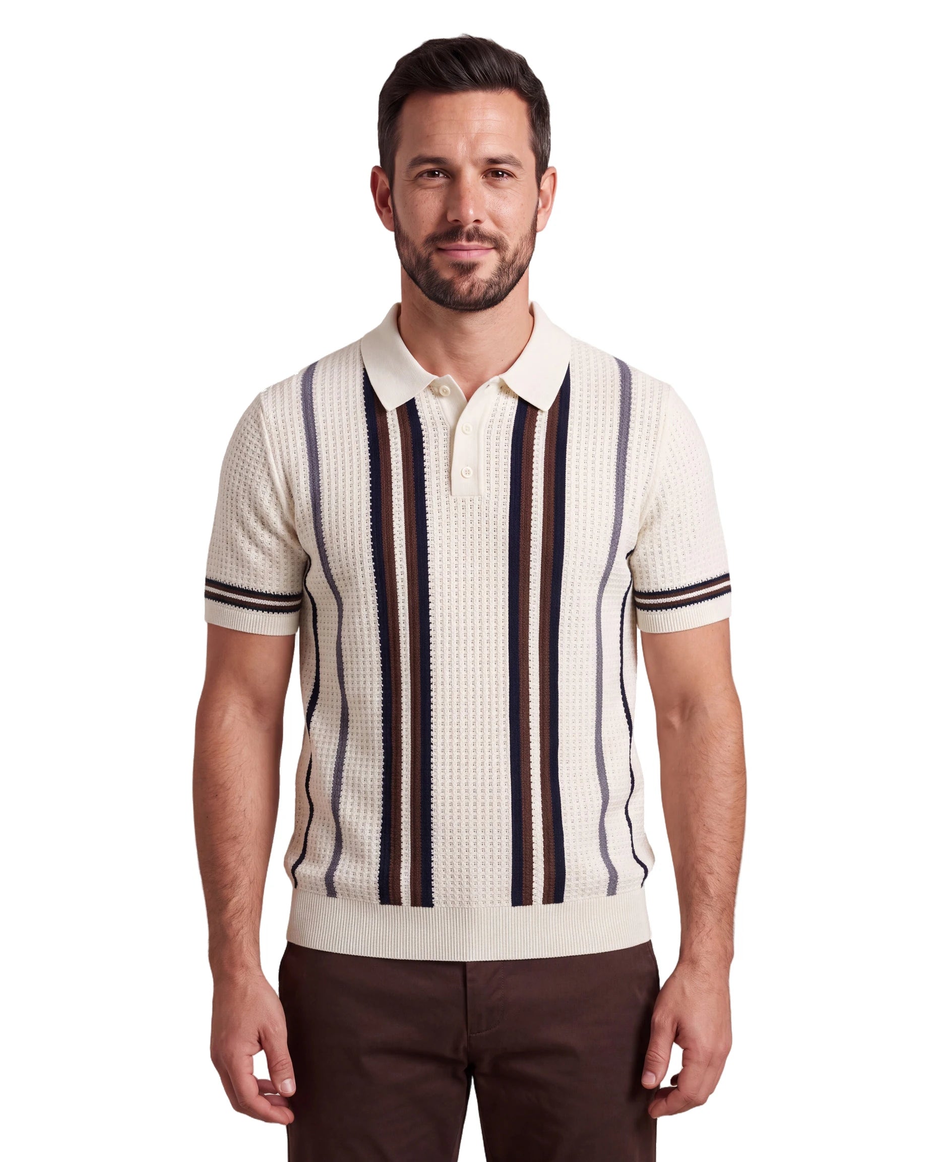 A9276 Knitted Stripe Polo - Brown, front