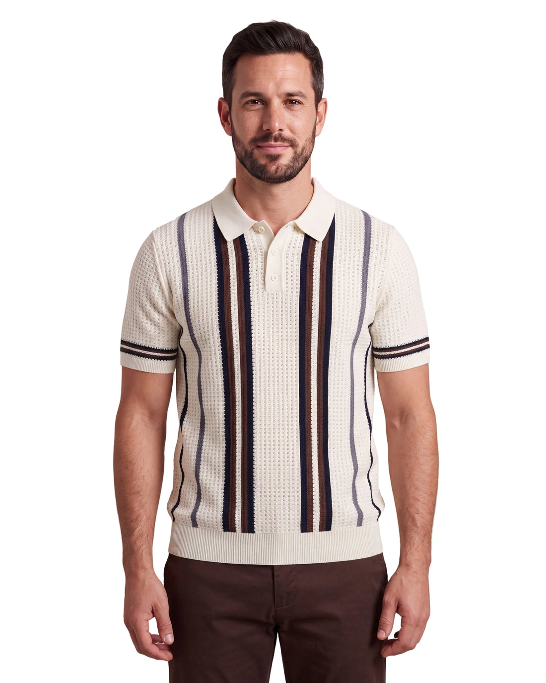 A9276 Knitted Stripe Polo - Brown, front