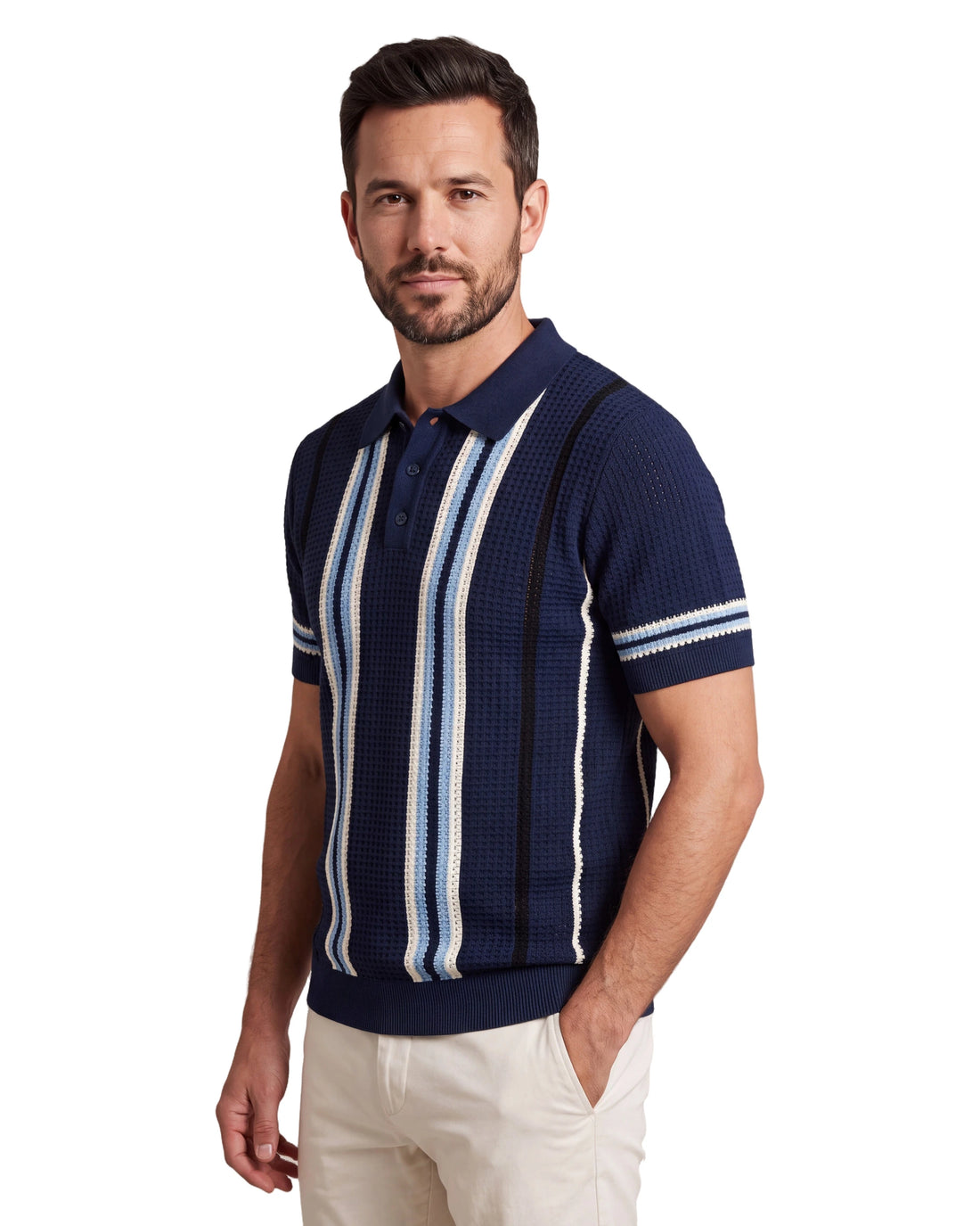 A9276 Knitted Stripe Polo - Navy, angled