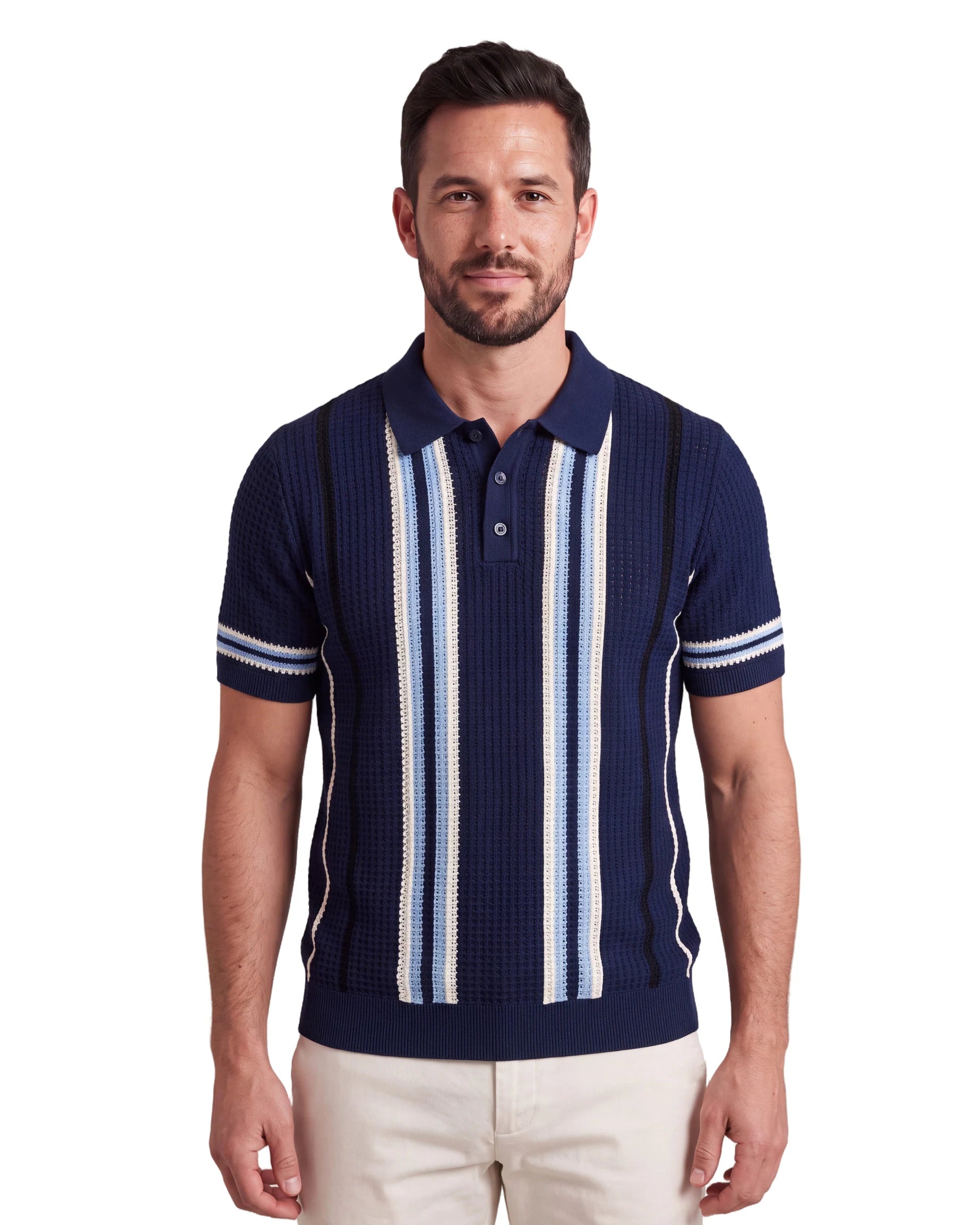 A9276 Knitted Stripe Polo - Navy, front
