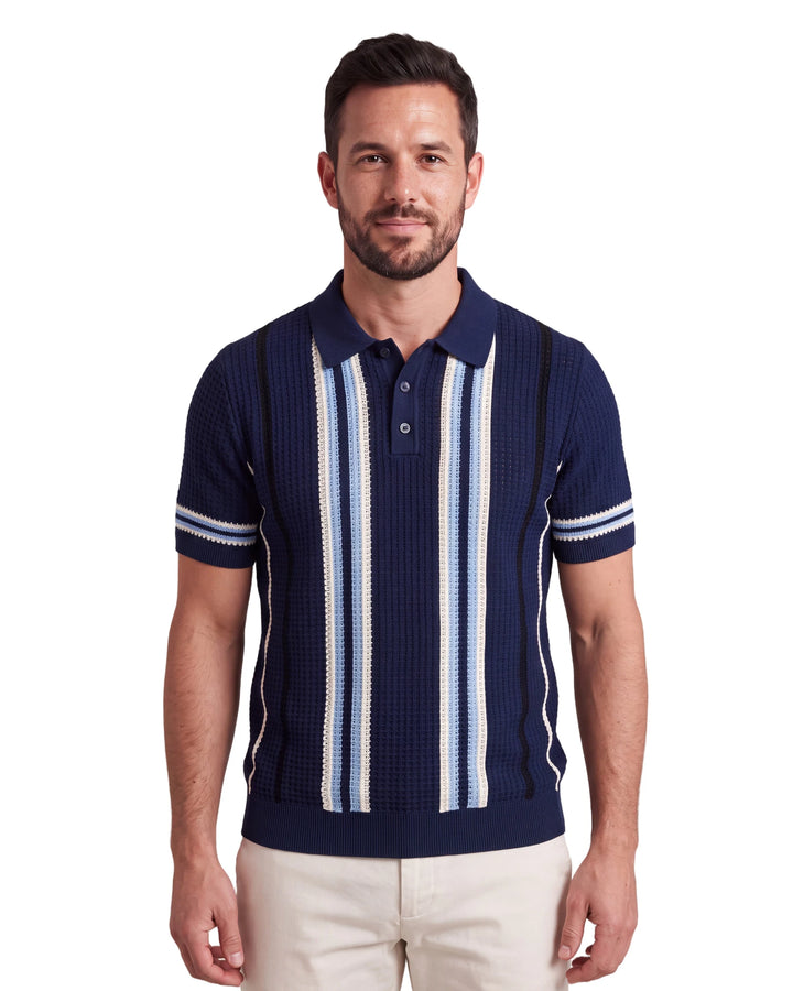 A9276 Knitted Stripe Polo - Navy, front