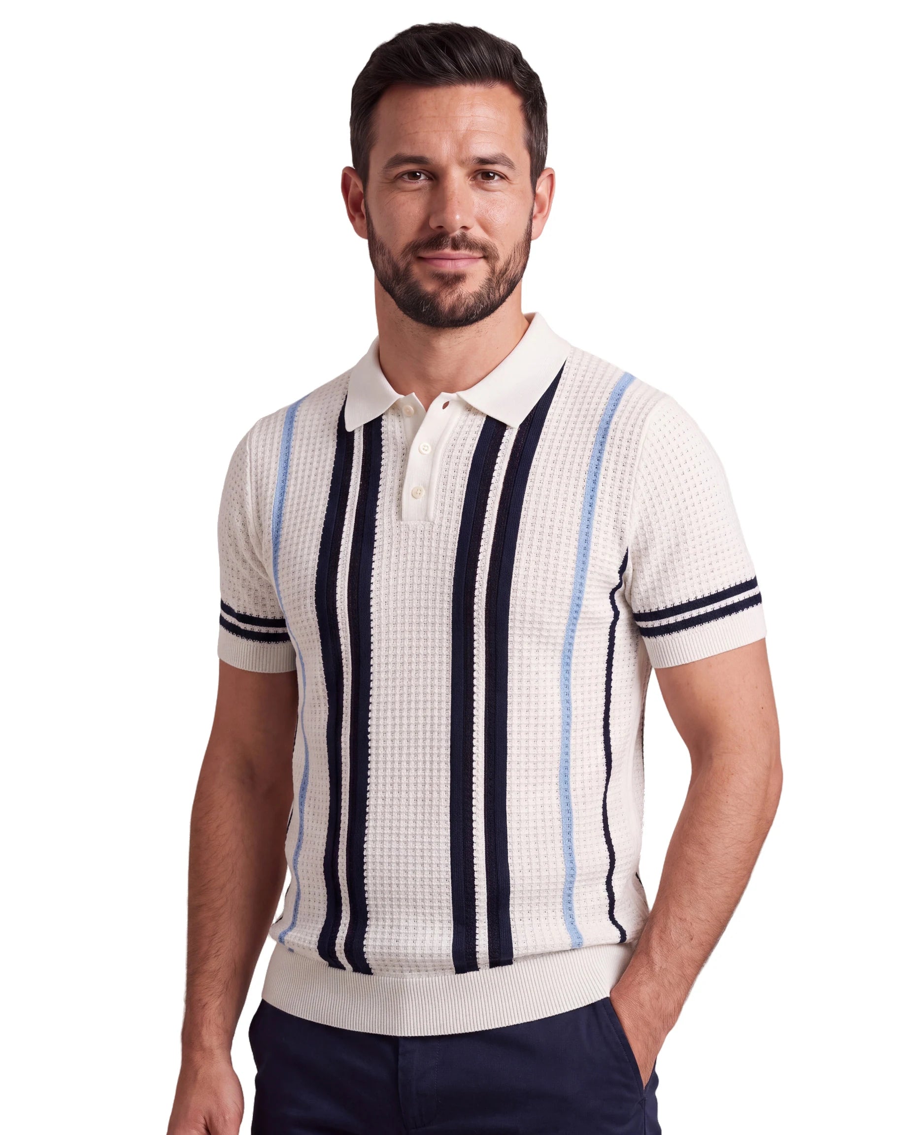 A9276 Knitted Stripe Polo - White, angled