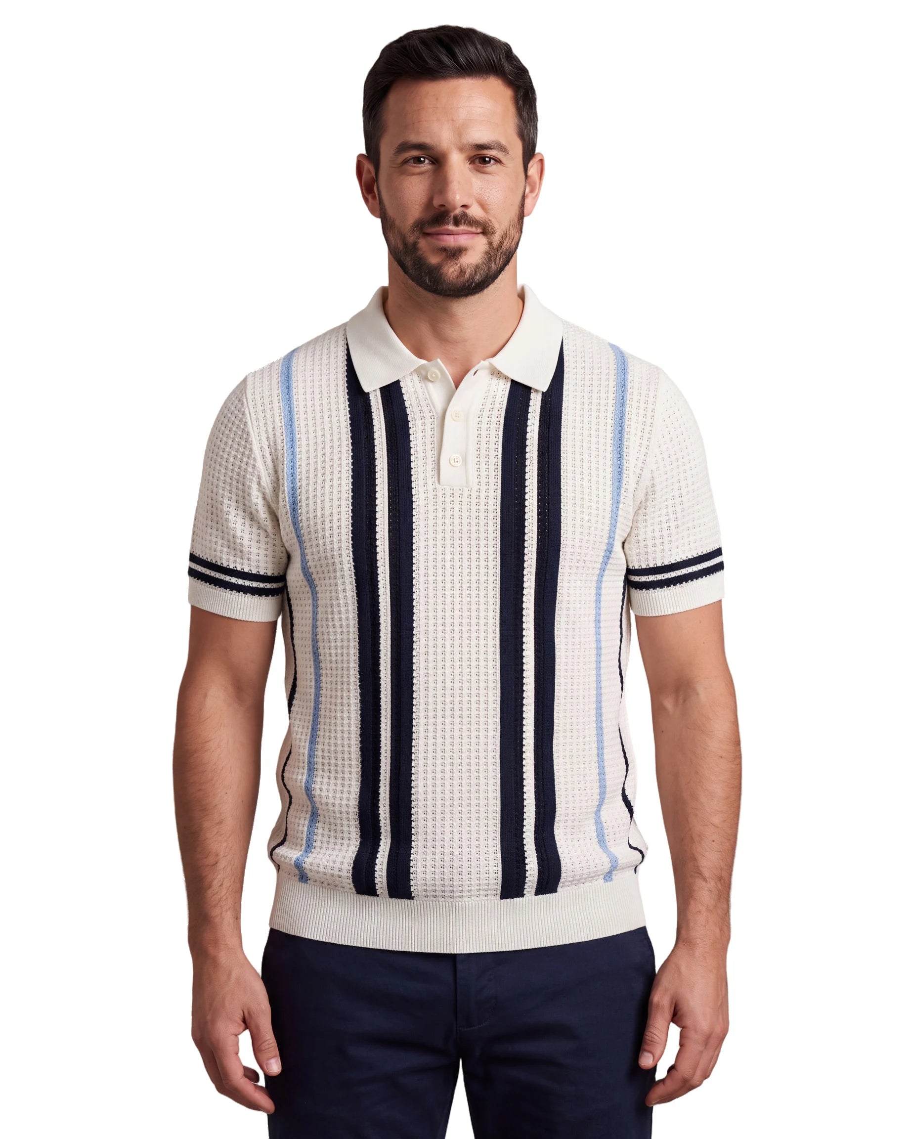 A9276 Knitted Stripe Polo - White, front