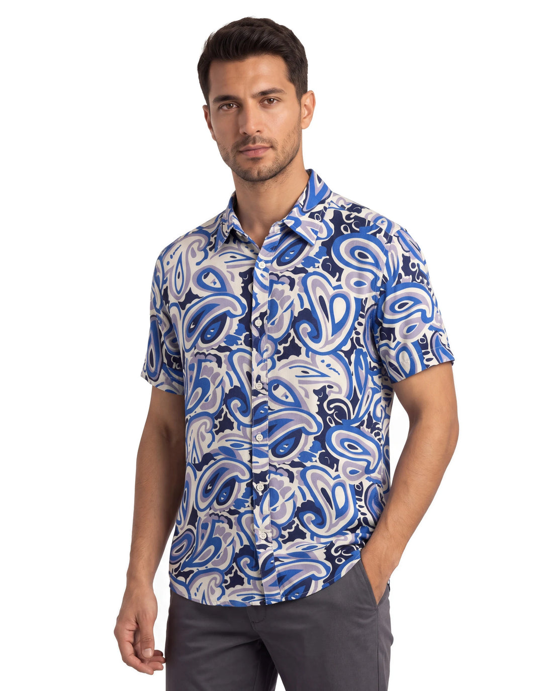 Ancient Paisley Viscose Shirt - Dusty Blue, angled