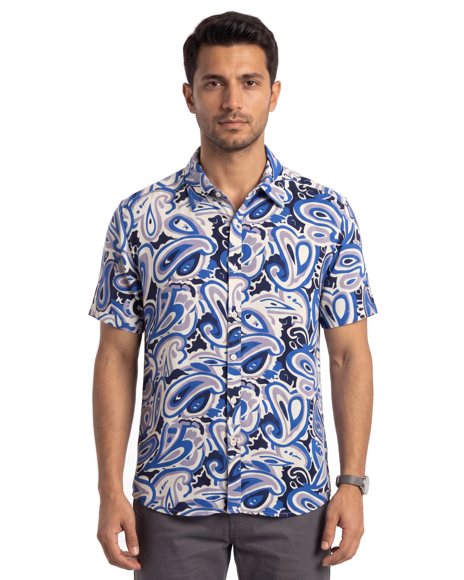 Ancient Paisley Viscose Shirt - Dusty Blue, front