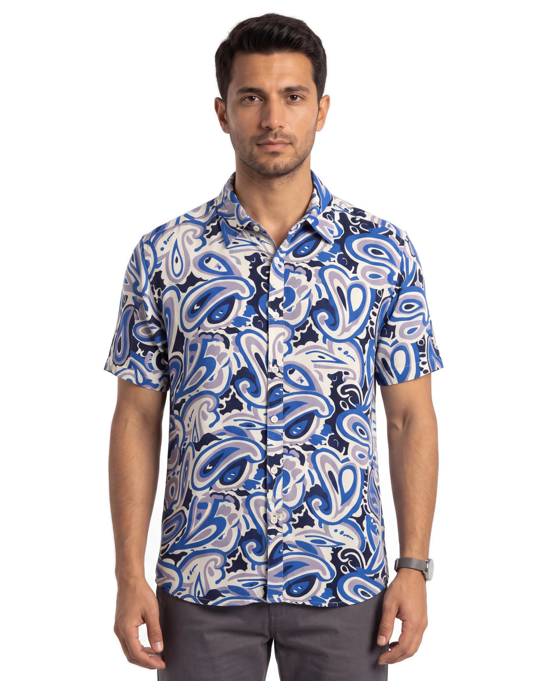 Ancient Paisley Viscose Shirt - Dusty Blue, front