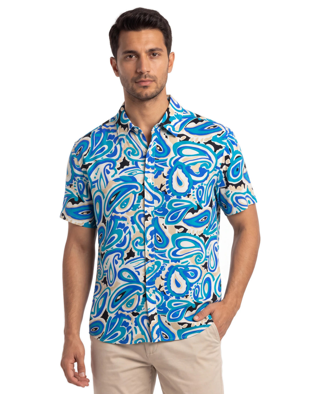 Ancient Paisley Viscose Shirt - Light Blue, angled