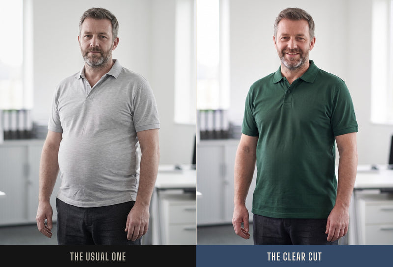 The same man in a regular polo and in the Clear Cut Polo