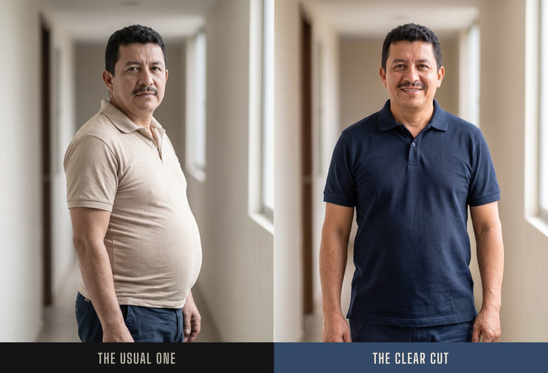 The same man in a regular polo and in the Clear Cut Polo