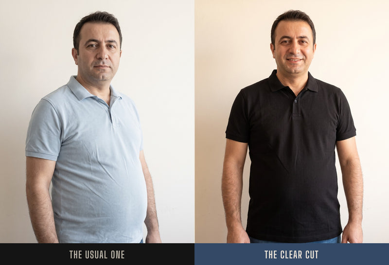 The same man in a regular polo and in the Clear Cut Polo