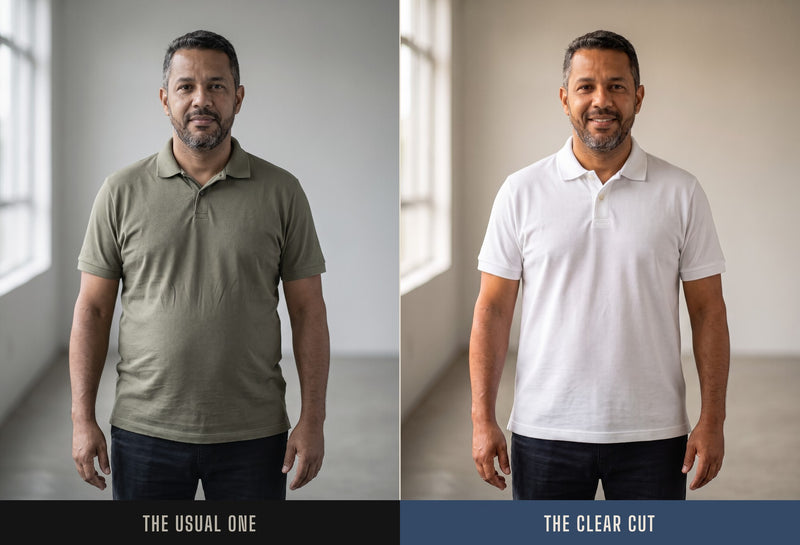 The same man in a regular polo and in the Clear Cut Polo