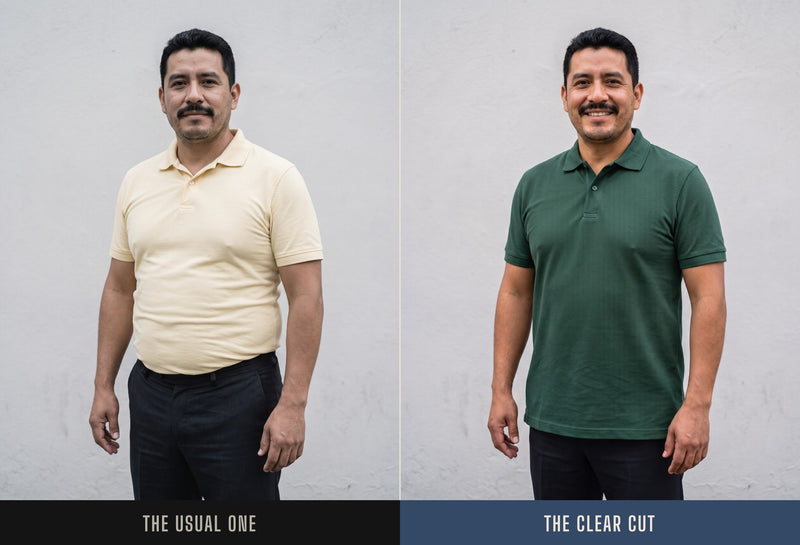 The same man in a regular polo and in the Clear Cut Polo