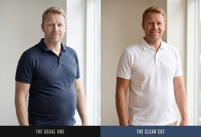 The same man in a regular polo and in the Clear Cut Polo
