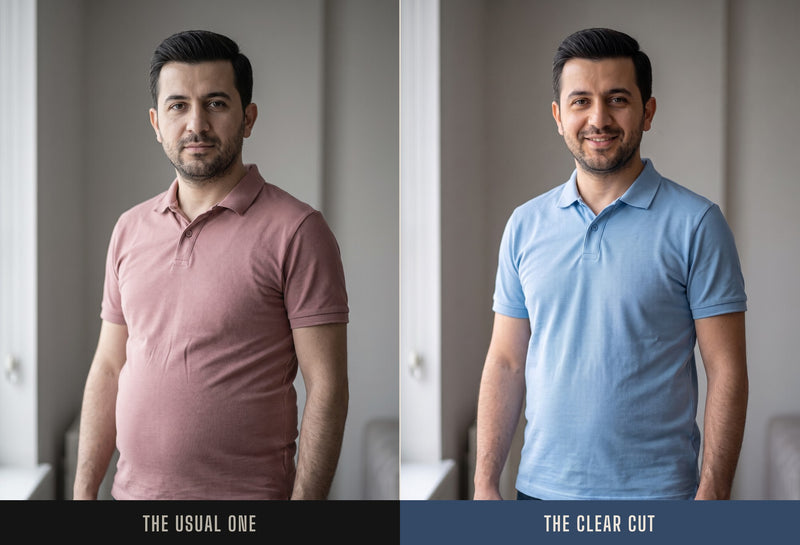 The same man in a regular polo and in the Clear Cut Polo