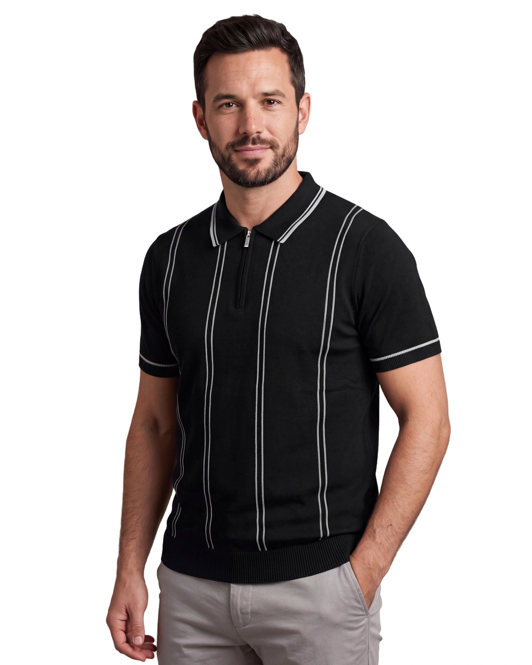 N6839 Knitted Zipper Polo - Black, angled
