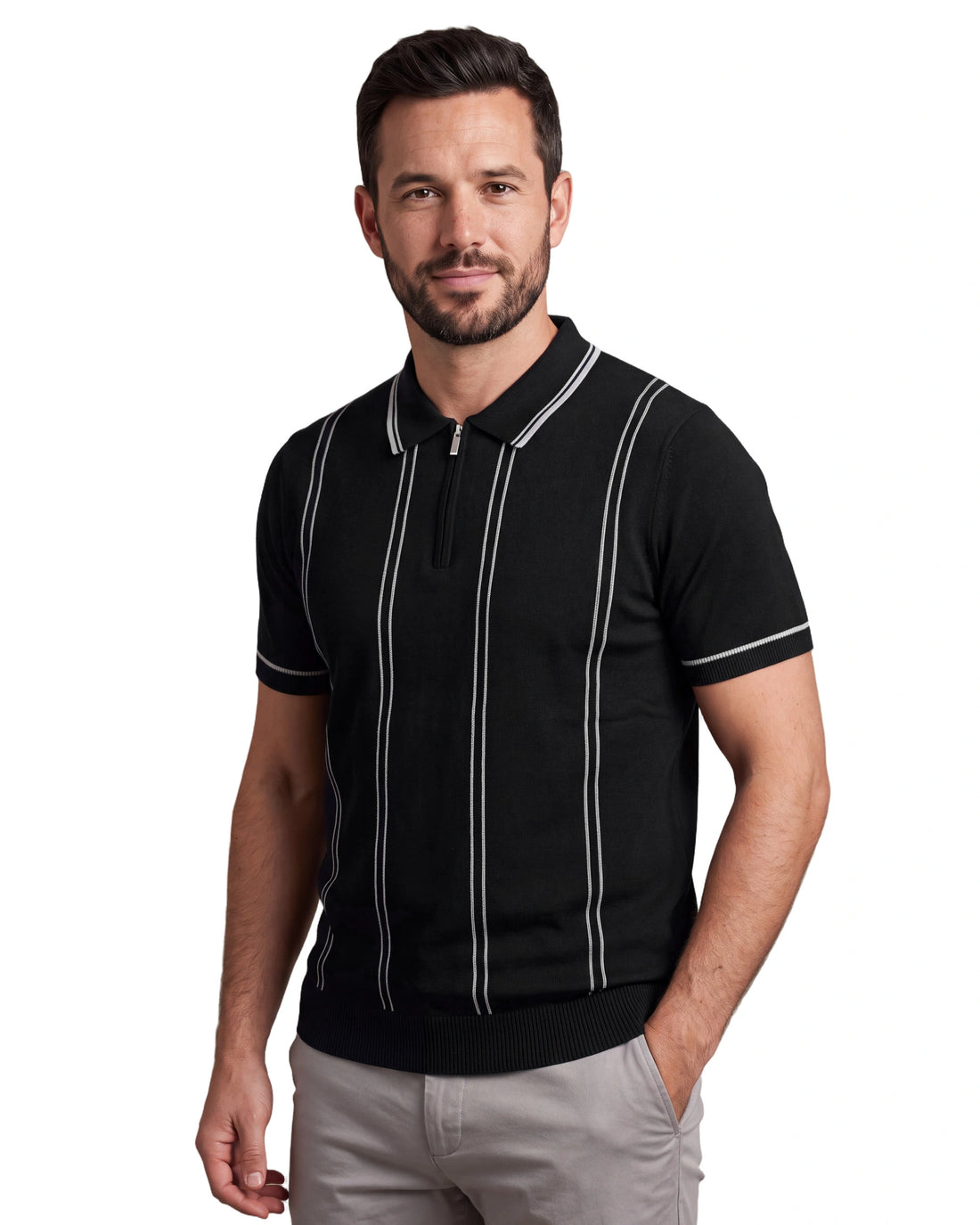 N6839 Knitted Zipper Polo - Black, angled