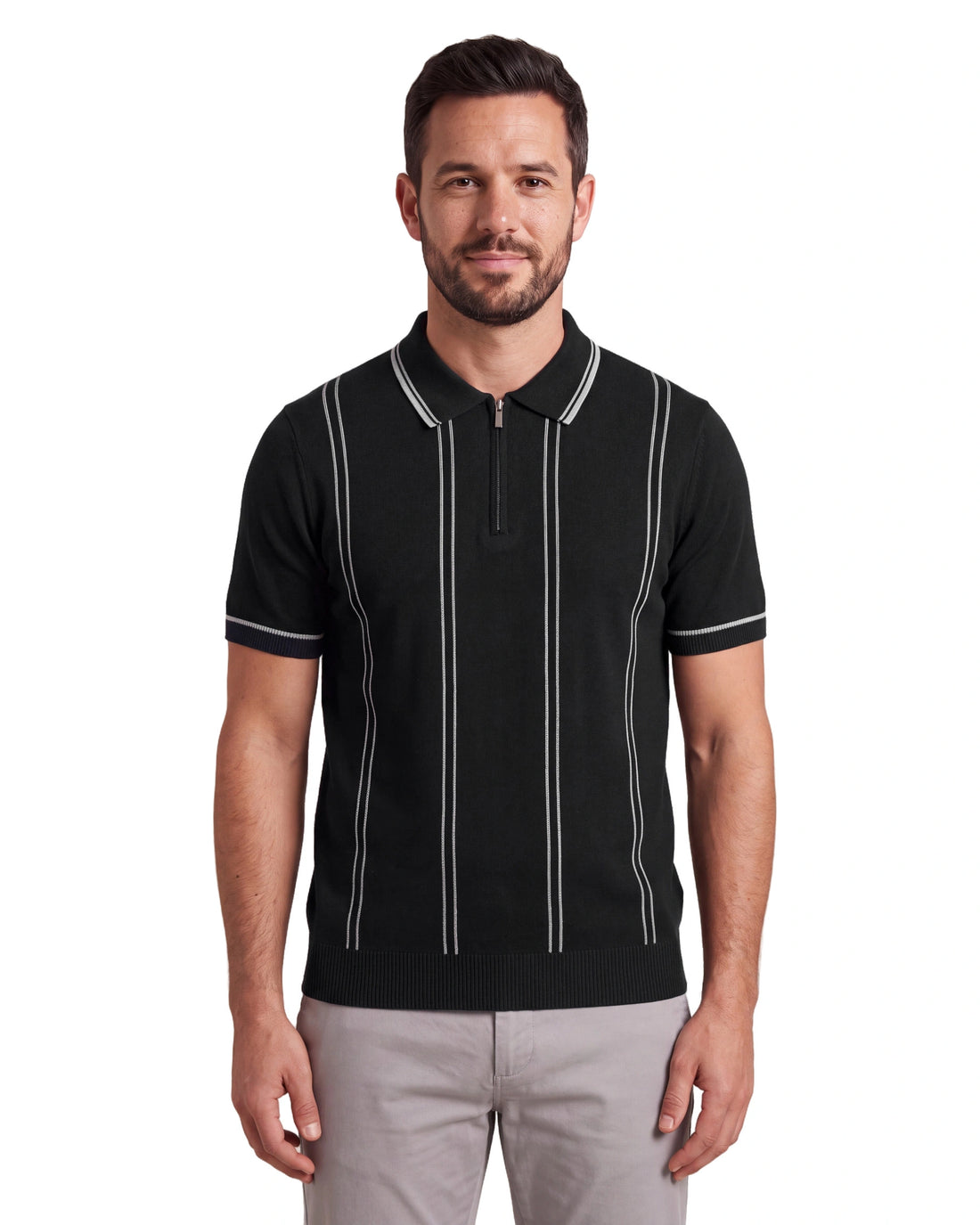 N6839 Knitted Zipper Polo - Black, front