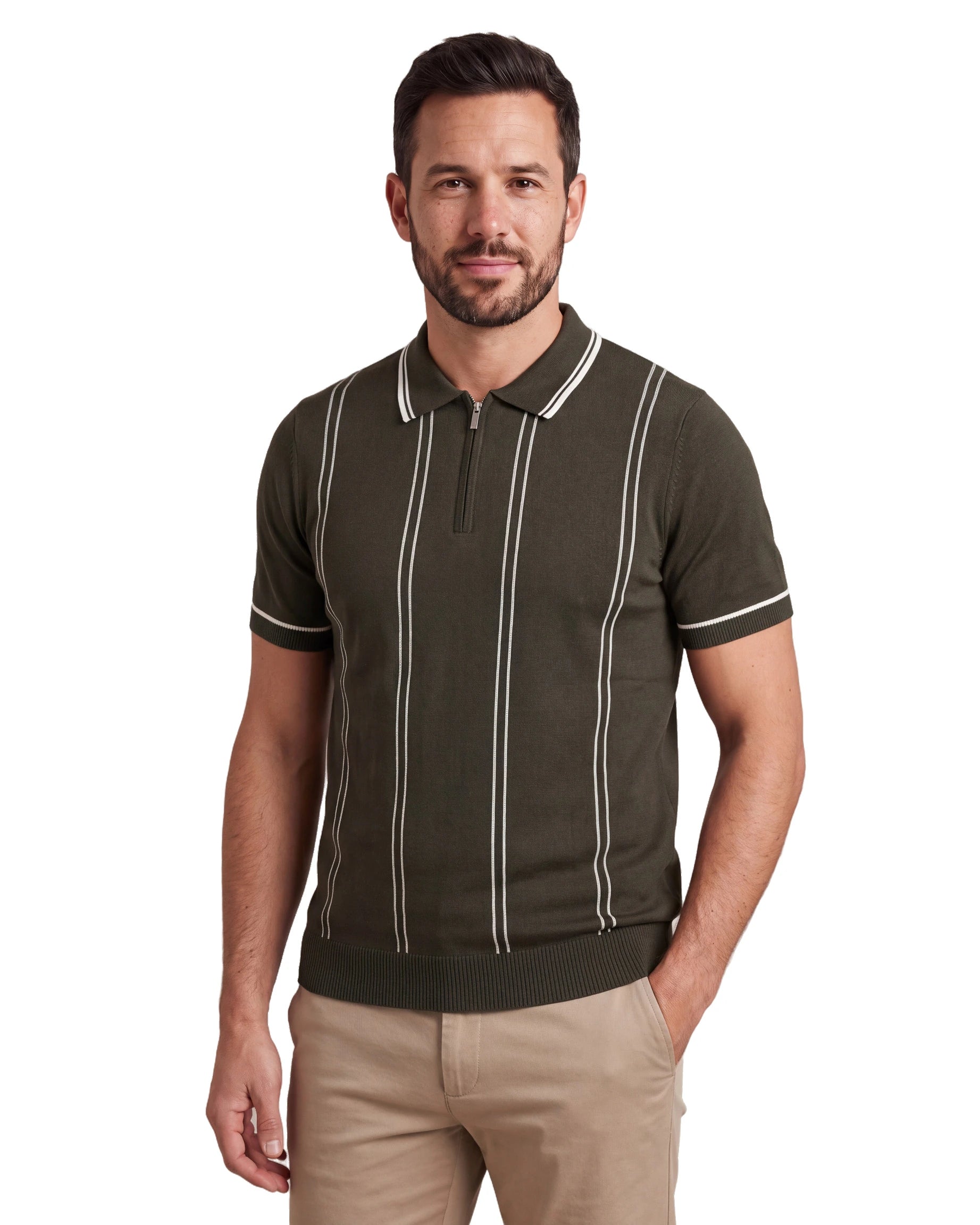 N6839 Knitted Zipper Polo - Green, angled