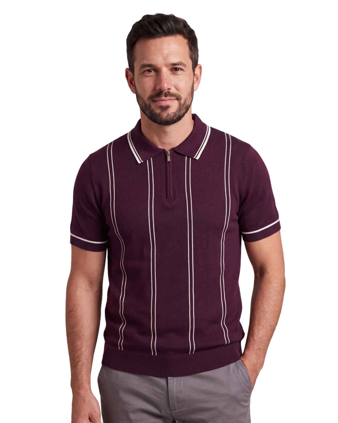 N6839 Knitted Zipper Polo - Maroon, angled