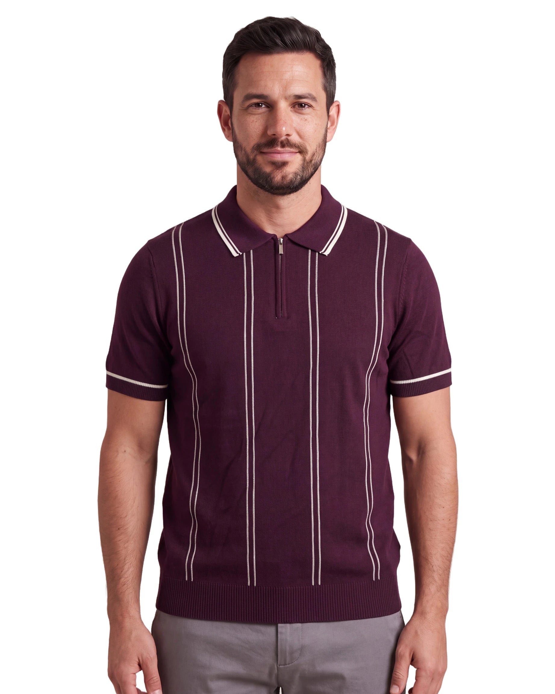 N6839 Knitted Zipper Polo - Maroon, front