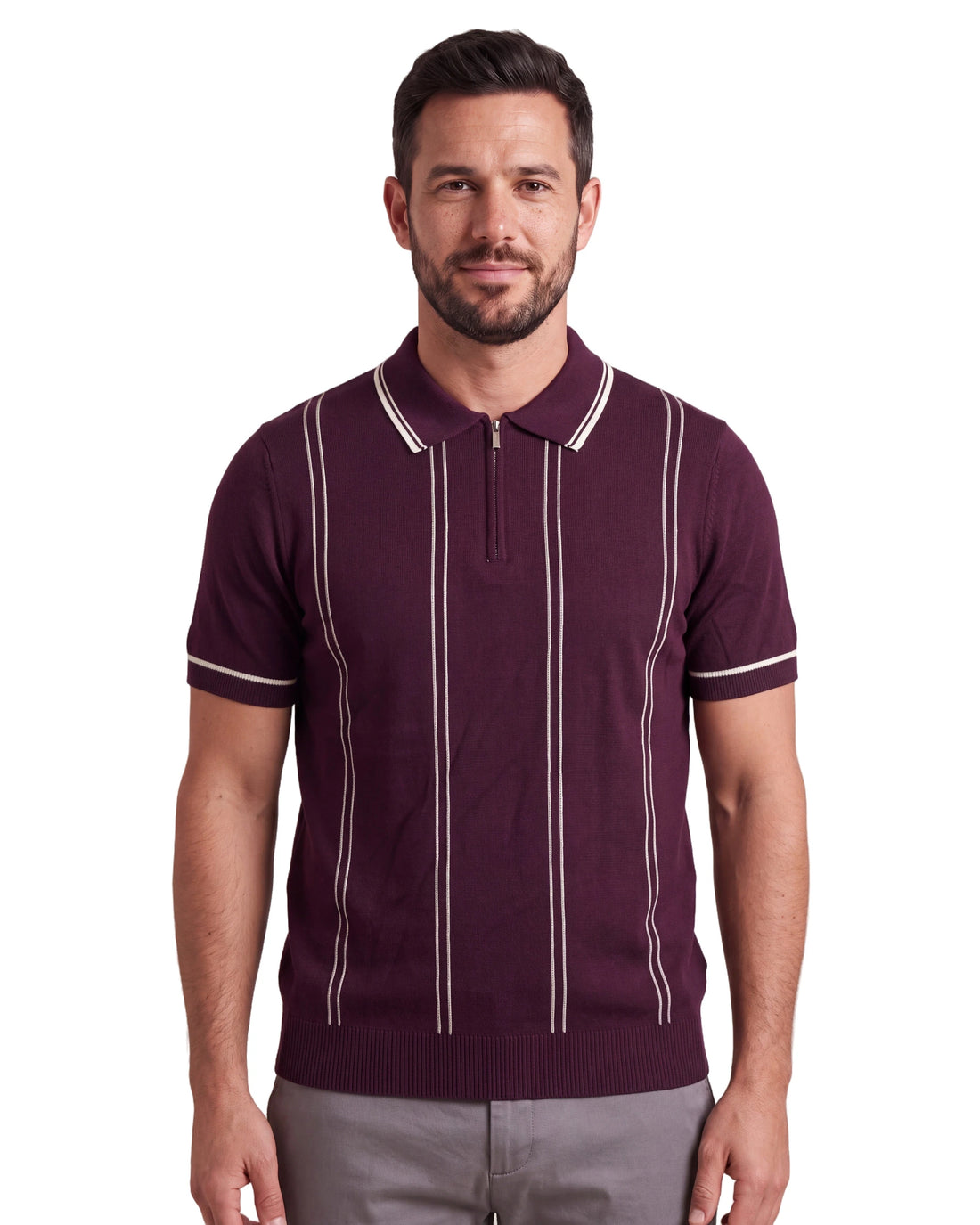 N6839 Knitted Zipper Polo - Maroon, front